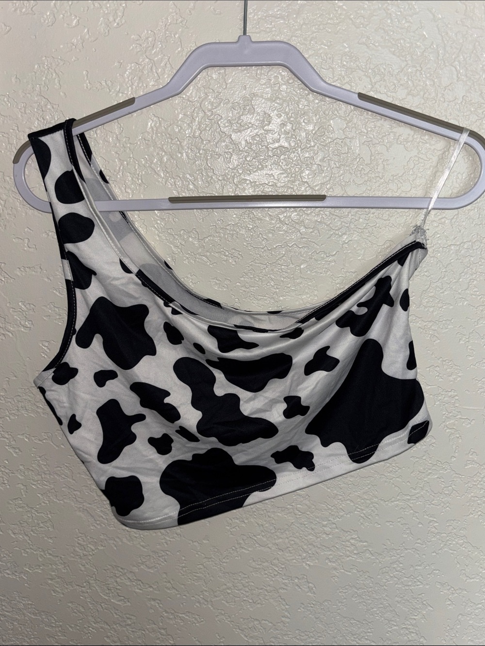 SHEIN Black & White Cow Print One-Shoulder Crop Top